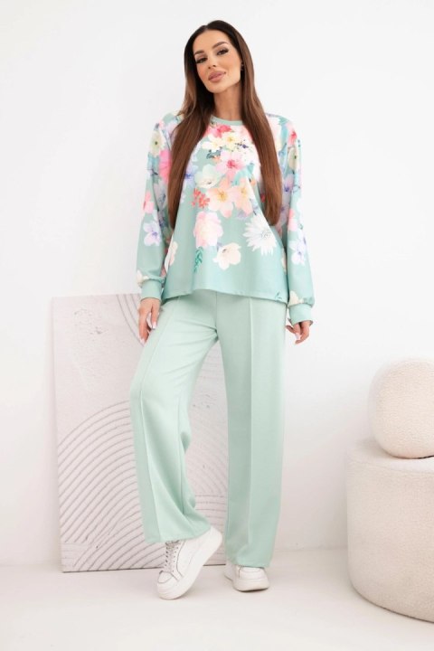 Komplet damski masełkowy wiskozowy w kwiaty z szeroką nogawką ciemno miętowy