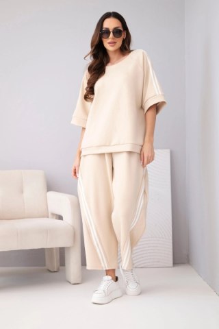 Komplet damski masełkowy z wiskozy bluza i spodnie z lampasami beżowy