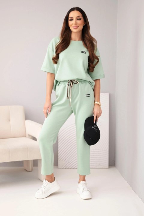 Komplet damski wiskozowy masełko z krótkim rękawem i spodniami z podwijaną nogawką ciemny miętowy