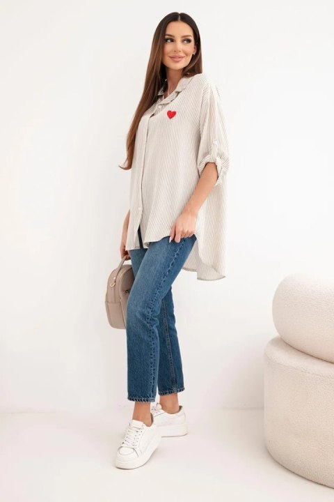 Koszula damska bawełniana w paski z haftowanym sercem ciemno beżowa