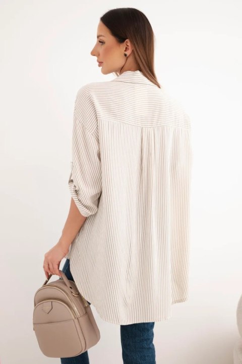 Koszula damska bawełniana w paski z haftowanym sercem ciemno beżowa