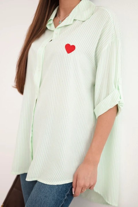 Koszula damska bawełniana w paski z haftowanym sercem miętowa