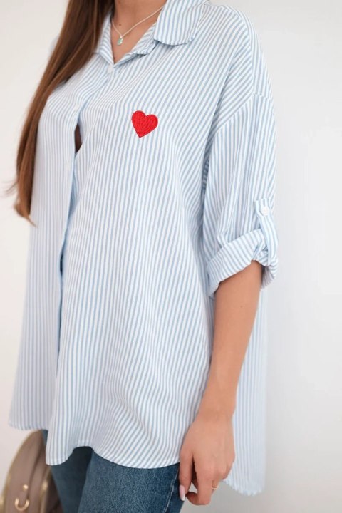Koszula damska bawełniana w paski z haftowanym sercem niebieska