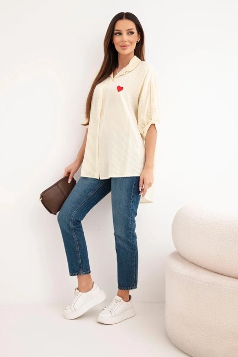 Koszula damska bawełniana w paski z haftowanym sercem żółta