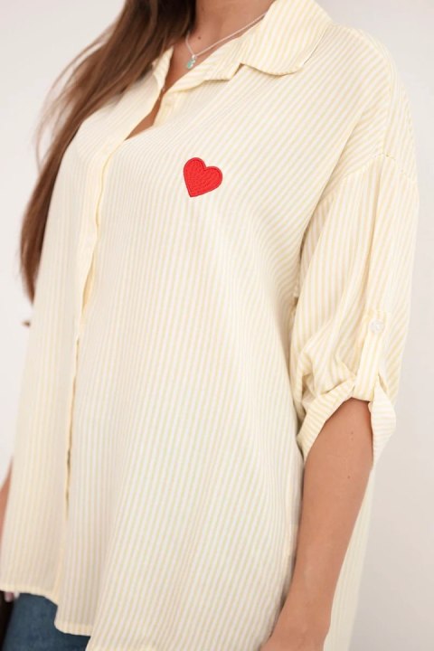 Koszula damska bawełniana w paski z haftowanym sercem żółta