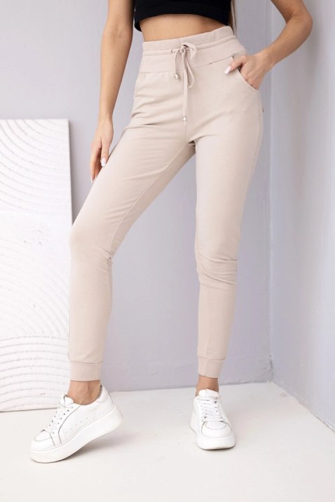 Spodnie damskie dresowe bawełniane z wysokim stanem i wiązaniem beżowe