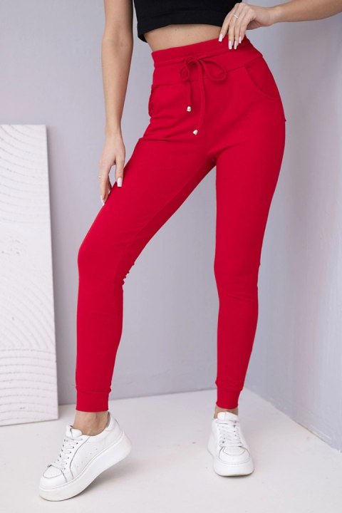 Spodnie damskie dresowe bawełniane z wysokim stanem i wiązaniem czerwone