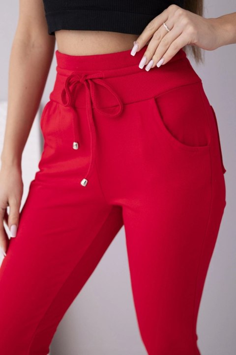 Spodnie damskie dresowe bawełniane z wysokim stanem i wiązaniem czerwone