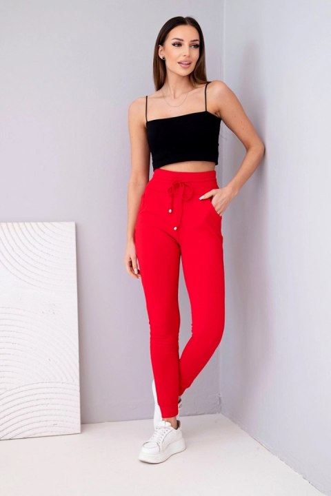 Spodnie damskie dresowe bawełniane z wysokim stanem i wiązaniem czerwone