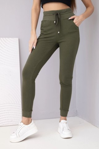 Spodnie damskie dresowe bawełniane z wysokim stanem i wiązaniem khaki