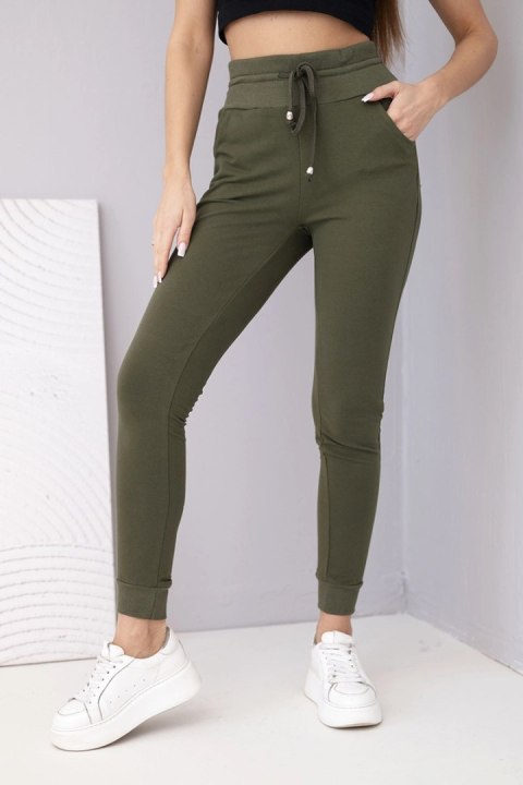 Spodnie damskie dresowe bawełniane z wysokim stanem i wiązaniem khaki