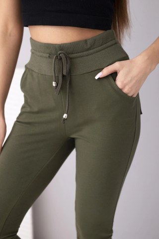 Spodnie damskie dresowe bawełniane z wysokim stanem i wiązaniem khaki