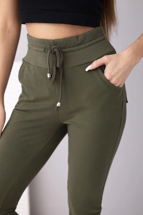 Spodnie damskie dresowe bawełniane z wysokim stanem i wiązaniem khaki