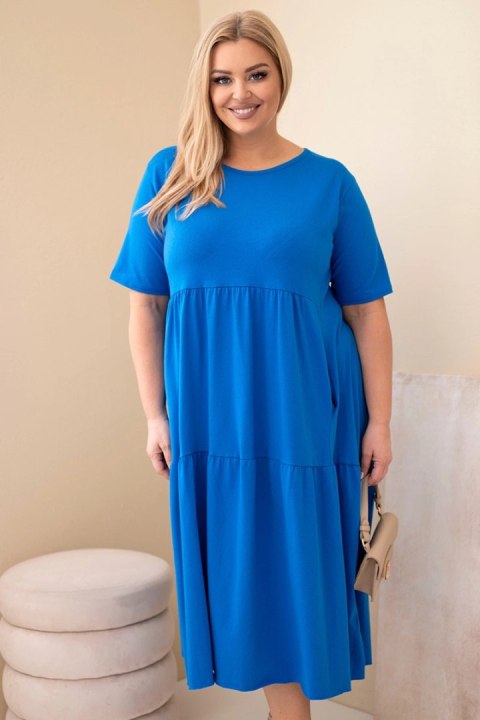 Sukienka damska bawełniana Plus Size z krótkim rękawem i falbaną chabrowa