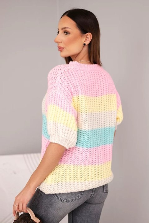 Sweter damski ażurowy w kolorowe pasy z krótkim rękawem jasno różowy