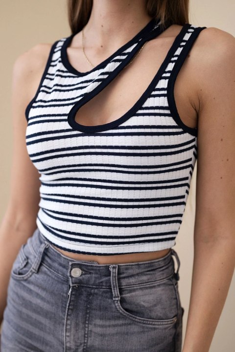Top damski prążkowany bez rękawów w paski z wycięciem granatowa