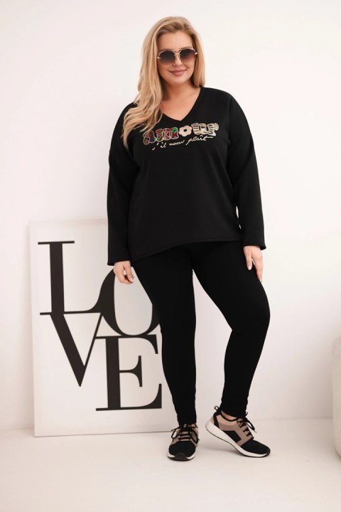 Bluza damska Plus Size z napisem i dekoltem V czarna