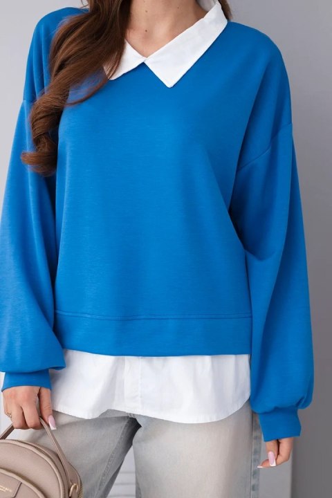 Bluza damska masełkowa z wiskozowy i z koszulową wstawką chabrowa