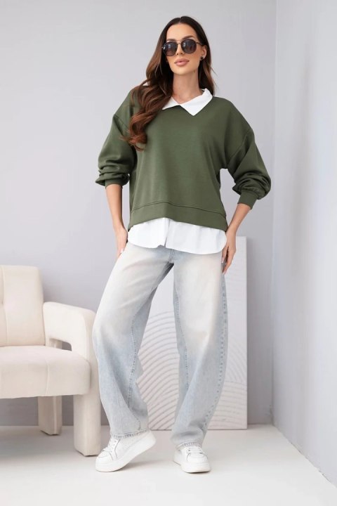 Bluza damska masełkowa z wiskozowy i z koszulową wstawką khaki
