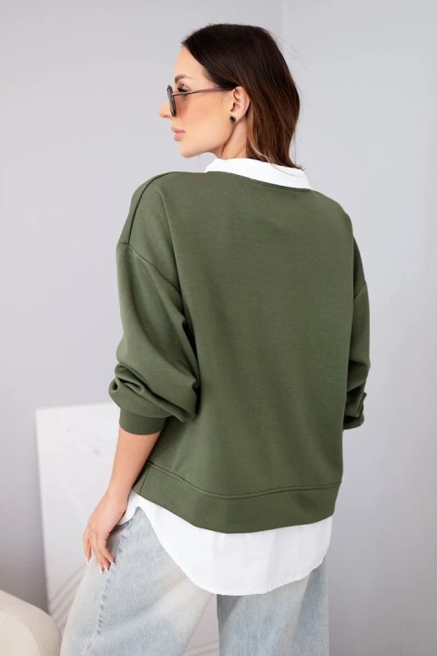 Bluza damska masełkowa z wiskozowy i z koszulową wstawką khaki