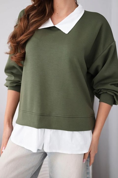 Bluza damska masełkowa z wiskozowy i z koszulową wstawką khaki