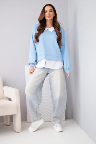 Bluza damska masełkowa z wiskozowy i z koszulową wstawką niebieska