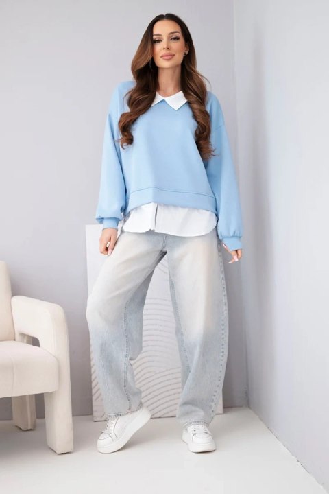 Bluza damska masełkowa z wiskozowy i z koszulową wstawką niebieska