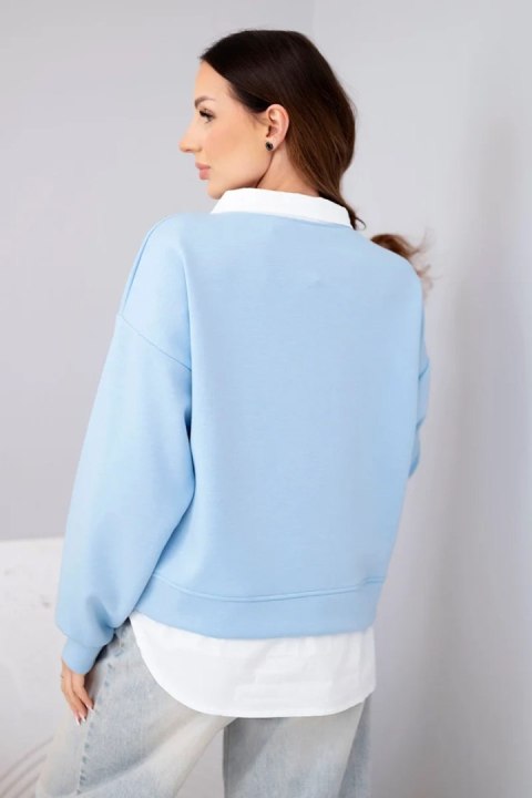 Bluza damska masełkowa z wiskozowy i z koszulową wstawką niebieska