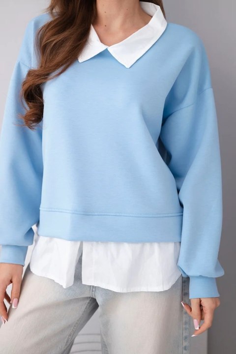 Bluza damska masełkowa z wiskozowy i z koszulową wstawką niebieska