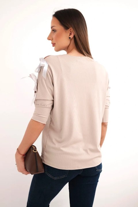 Bluzka damska wiskozowa z ozdobnymi wstążkami beżowa
