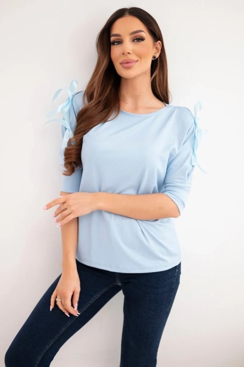 Bluzka damska wiskozowa z ozdobnymi wstążkami niebieska