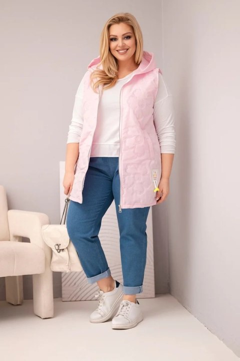 Kamizelka damska Plus Size z kapturem i pikowaniem w kwiaty cukierkowy róż
