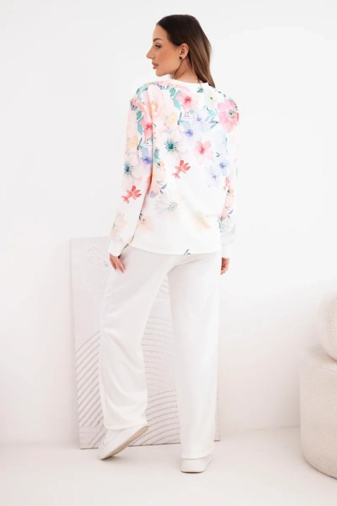 Komplet damski masełkowy wiskozowy w kwiaty z szeroką nogawką biały