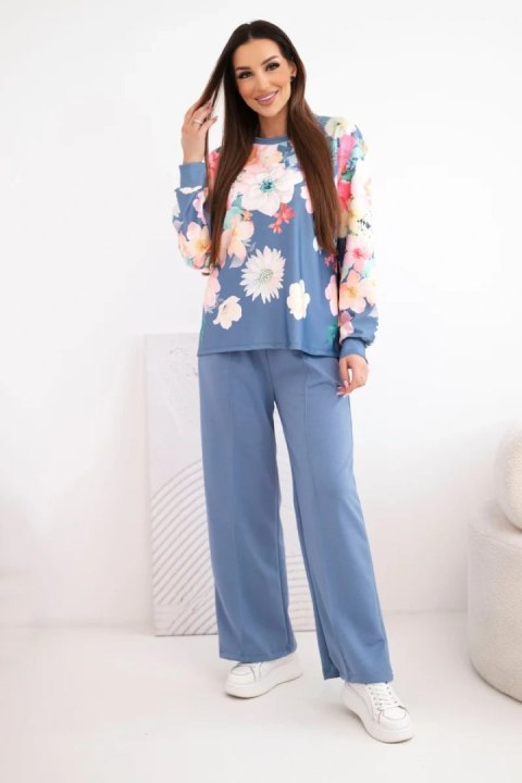 Komplet damski masełkowy wiskozowy w kwiaty z szeroką nogawką jeansowy