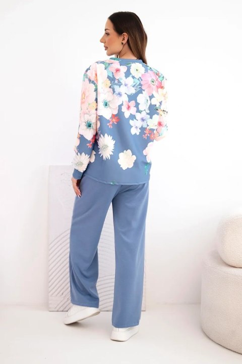 Komplet damski masełkowy wiskozowy w kwiaty z szeroką nogawką jeansowy