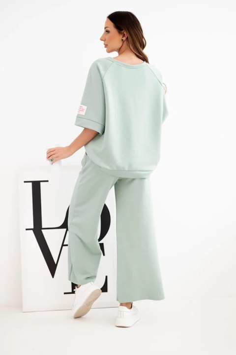 Komplet damski masełkowy z wiskozy bluza i szerokie spodnie ciemno miętowy