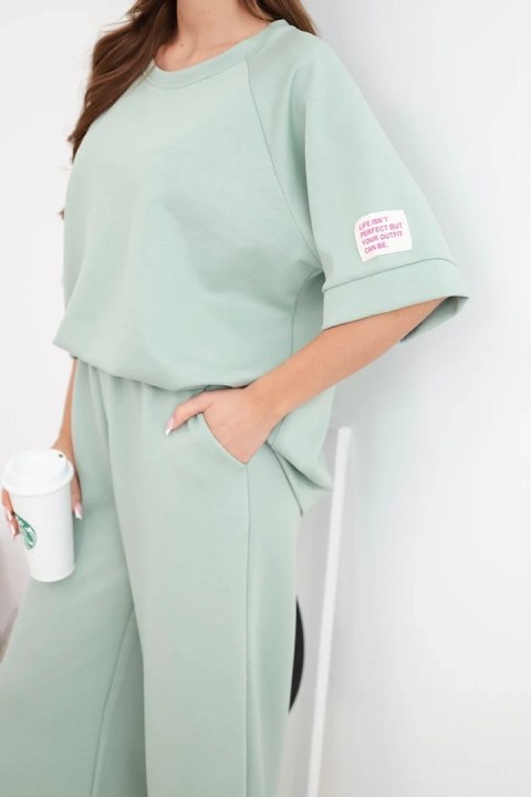 Komplet damski masełkowy z wiskozy bluza i szerokie spodnie ciemno miętowy
