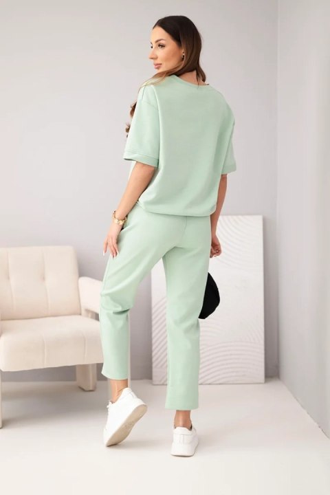 Komplet damski wiskozowy masełko z krótkim rękawem i spodniami z podwijaną nogawką ciemny miętowy