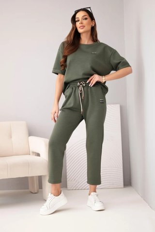 Komplet damski wiskozowy masełko z krótkim rękawem i spodniami z podwijaną nogawką khaki