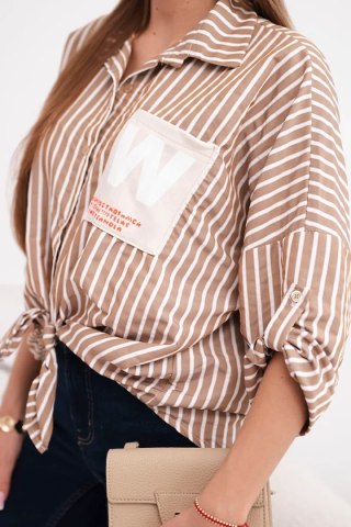 Koszula damska bawełniana w paski z wiązaniem camelowa