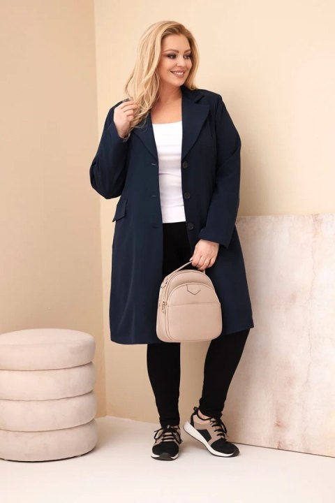 Płaszcz damski Plus Size długi z kołnierzem i kieszeniami granatowy
