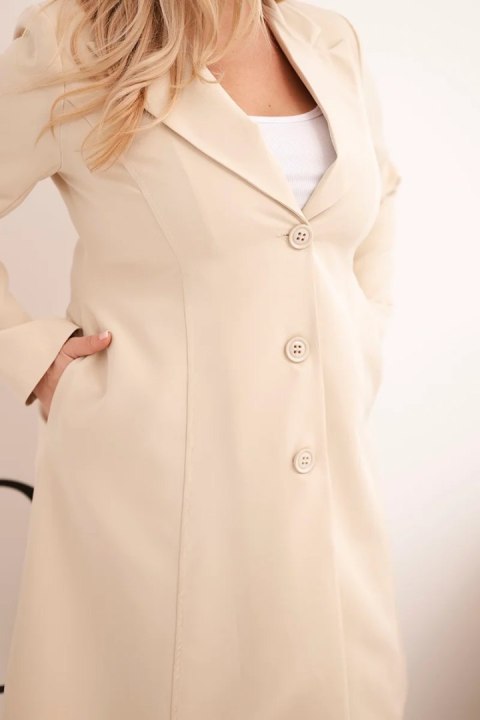 Płaszcz damski Plus Size klasyczny z guzikami i kołnierzem beżowy