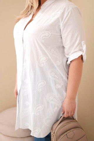 Sukienka damska Plus Size z haftem i podwijanym rękawem biała