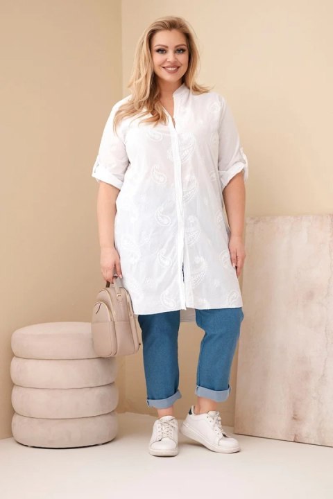 Sukienka damska Plus Size z haftem i podwijanym rękawem biała