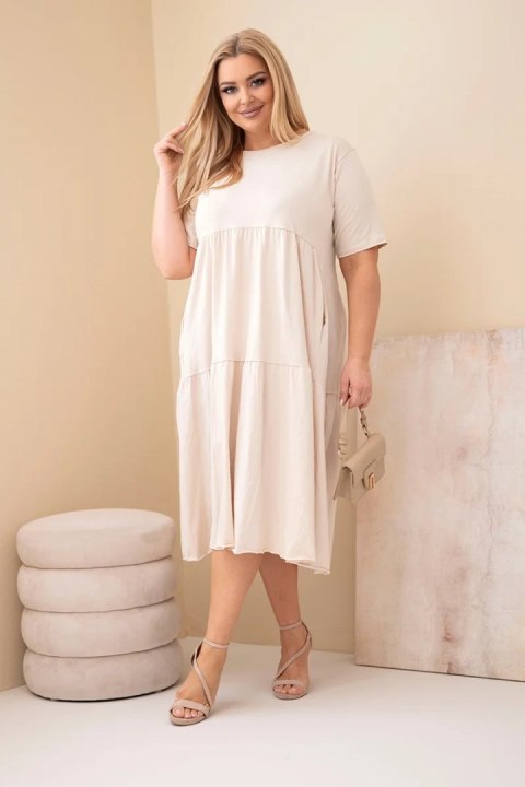 Sukienka damska bawełniana Plus Size z krótkim rękawem i falbaną beżowa