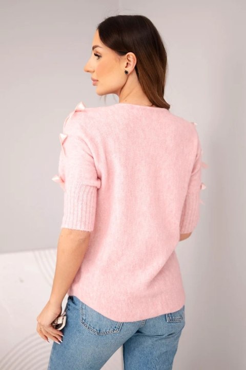 Sweter damski z krótkim rękawem i ozdobnymi kokardkami ciemny pudrowy róż