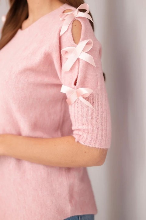 Sweter damski z krótkim rękawem i ozdobnymi kokardkami ciemny pudrowy róż