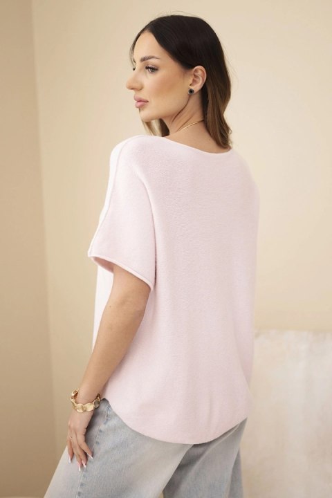 Sweter damski z krótkim rękawem o luźnym kroju pudrowy róż