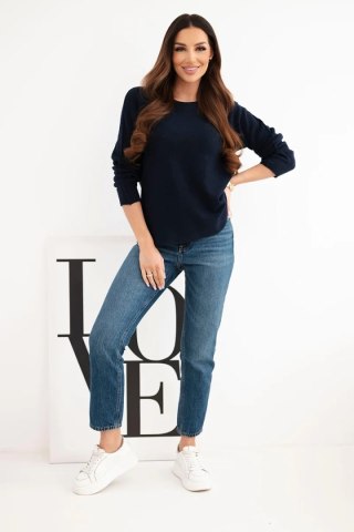 Sweter damski z wiskozy z długim rękawem i okrągłym dekoltem granatowy