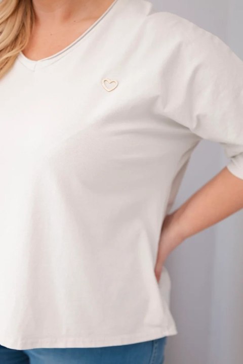 Bluzka damska bawełniana oversize Plus Size z dekoltem V beżowa